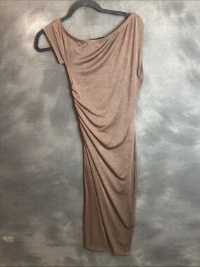 Cupshe Tan Taupe One Shoulder Asymmetrical Ruched Midi Bodycon Dress Small